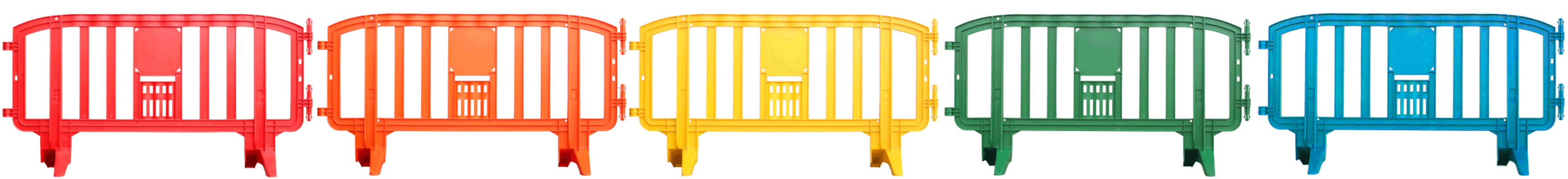 Plastic crowd control barricades shown in multiple color options