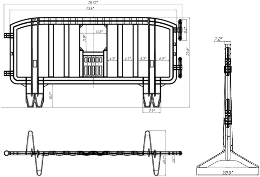 Plastic barricade dimension drawing with top, front and perspective views